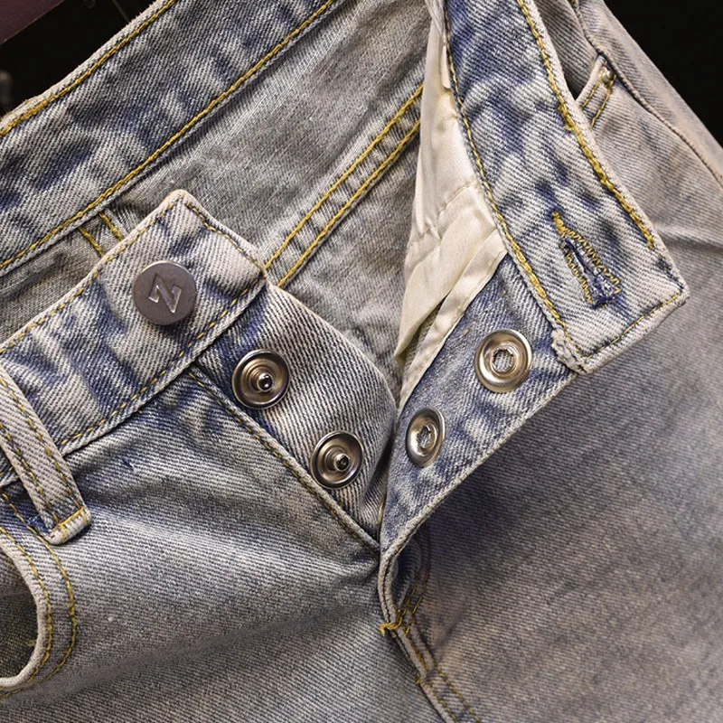 

High Street Fashion Panelled Hole Ripped Womens Denim Shorts Vintage Letter Print High Waist Loose Wide Leg Hot Shorts Jeans