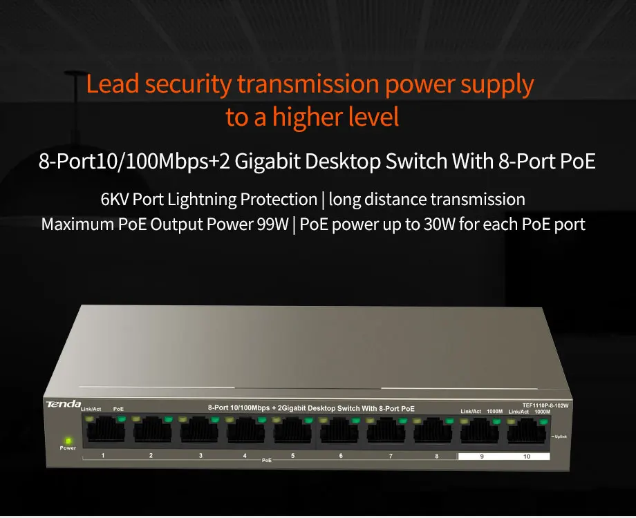 Tenda TEF1110P-8-102W 8-Порты и разъёмы 10/100 Мбит/с+ 2 гигабитный настольный коммутатор с 8-Порты и разъёмы PoE, 6KV Порты и разъёмы молниезащиты