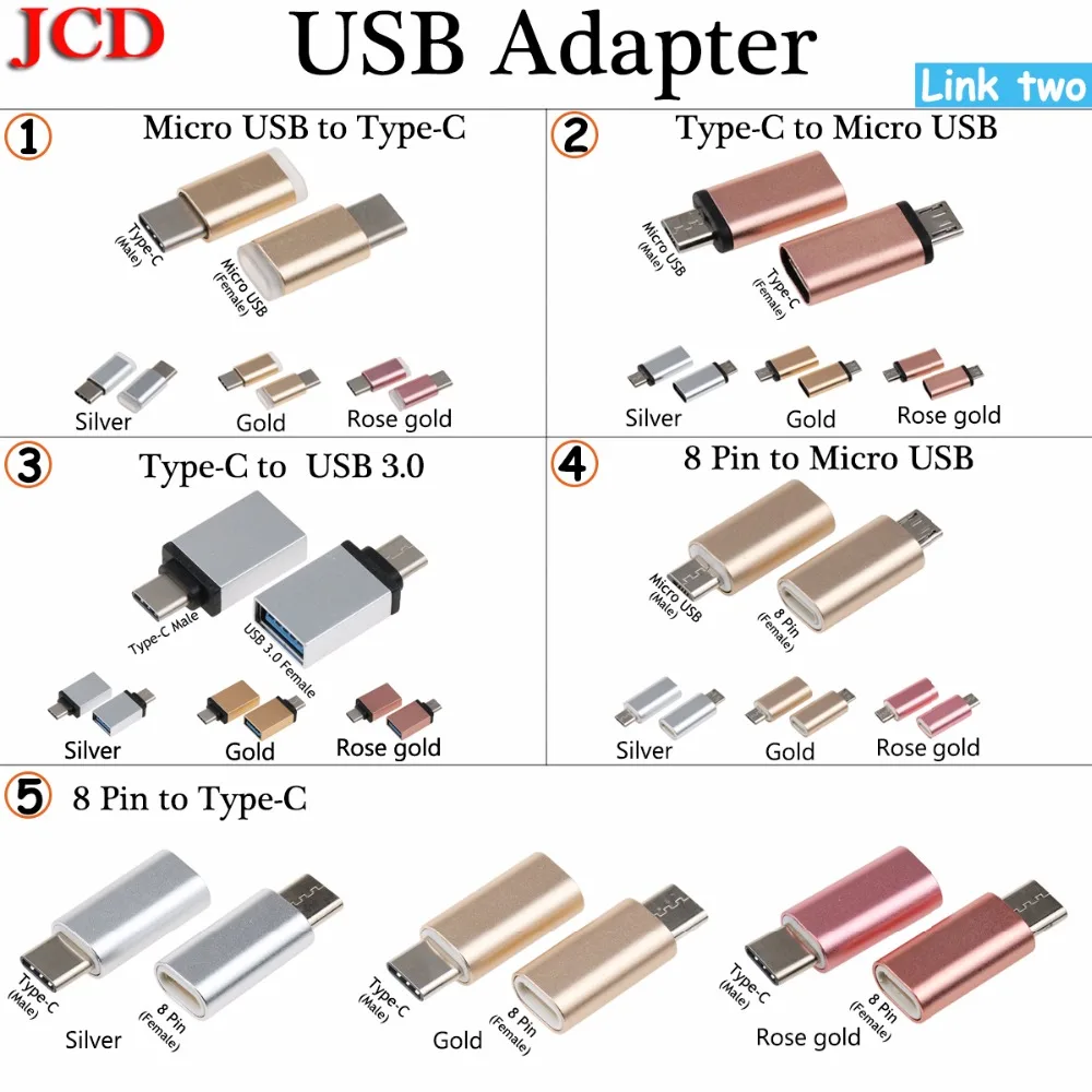 JCD 8 контактный переходник Feamle на Type c папа/micro usb адаптер USB C кабель