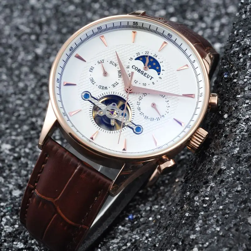 Corgeut 44 мм роскошные часы с купольным стеклом фазой Луны Rosegold стрелки дата и день