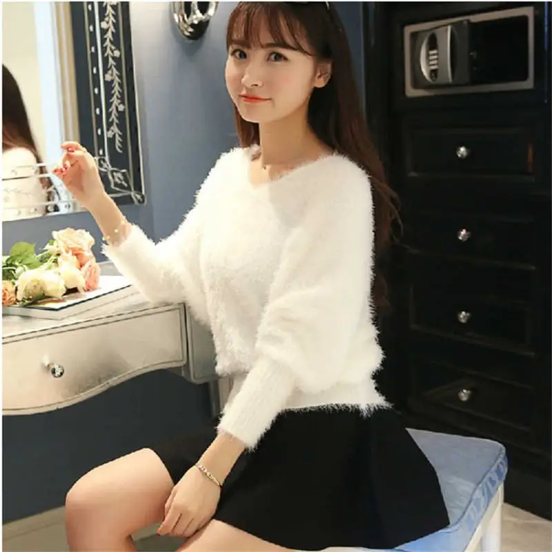 

2019 Autumn Winter Women Faux Mink Plush V-Neck Batwing Sleeve Knitted Pullovers Sweater Female Basic Loose Tricot Jumper K80