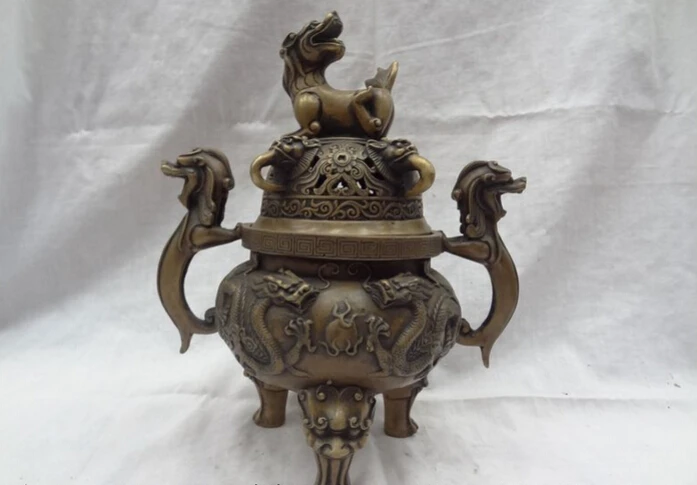 

song voge gem S2756 10" Chinese Buddhist Bronze Dragon Ball Lion Kylin Statue Incense Burner Censer