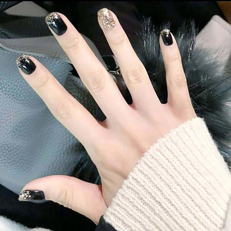 style1 24 шт./упаковка, красивые накладные ногти с клеем, короткие, с золотыми большими блестками, накладные ногти для девушек, черные, вечерние, акриловые ногти - Цвет: style1