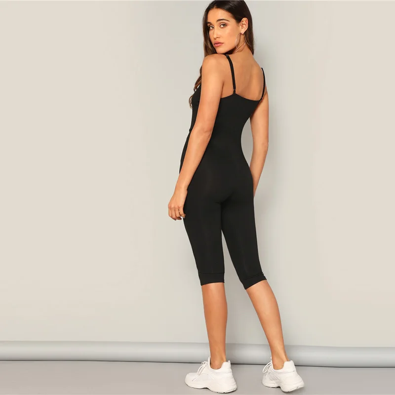 SweatyRocks однотонный обтягивающий комбинезон на бретельках, одежда для активного отдыха, сексуальный эластичный черный комбинезон, летний женский комбинезон на бретельках