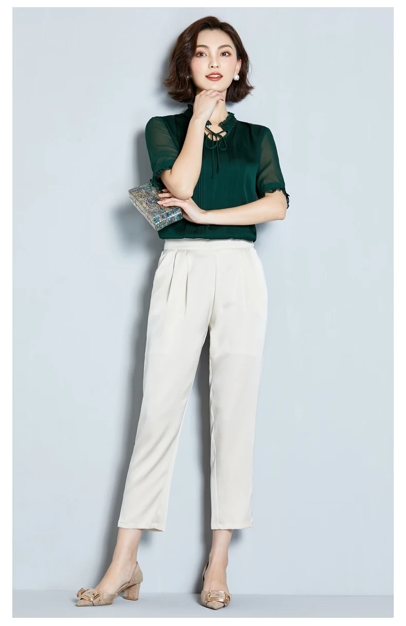 AYUNSUE, летняя мода, натуральный шелк, Blusas Mujer De Moda,, элегантная повседневная женская блузка с v-образным вырезом, женский топ с коротким рукавом S19X258