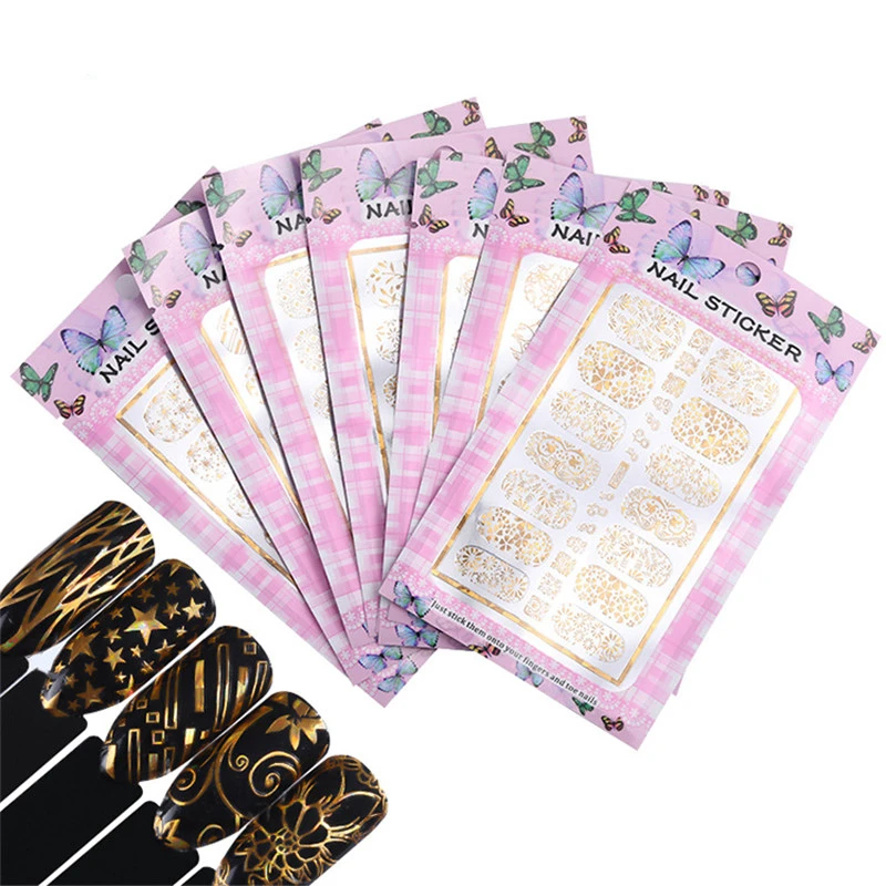 Голографические клеющиеся обертки для ногтей лазерные 3d наклейки Золотой цветок