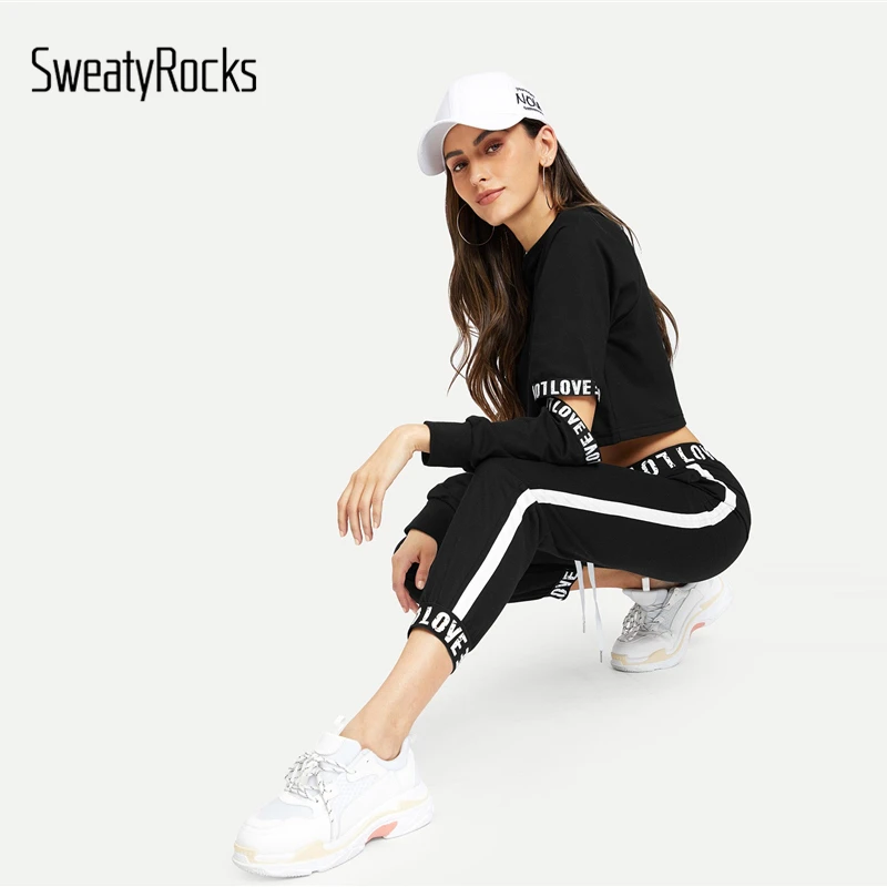 SweatyRocks, топ с буквенным принтом, с завязками, штаны, спортивная одежда, женские топы с вырезами и штаны, комплект, весенние повседневные комплекты из 2 предметов