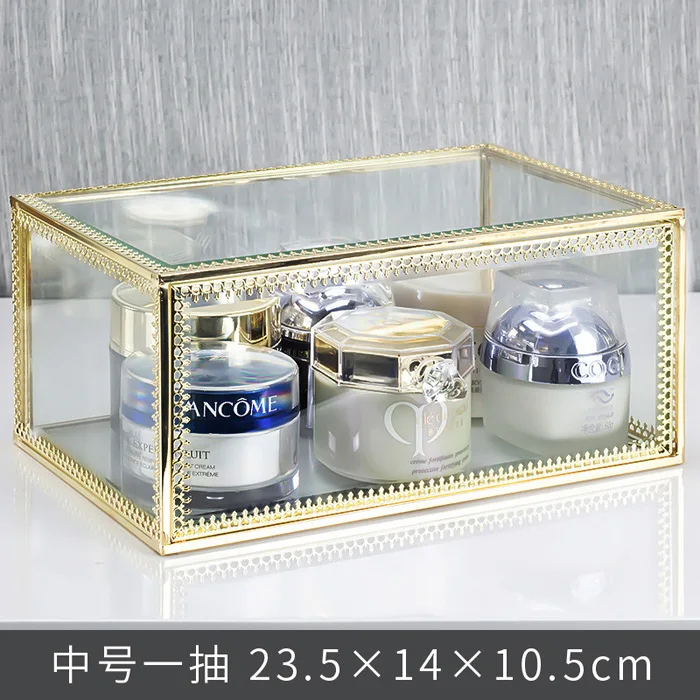 1 drawer Пыленепроницаемый Большой Стеклянный органайзер для макияжа, парфюмерная помада, коробка для хранения, золотой косметический Органайзер для макияжа с дверью, комбинированная коробка - Цвет: 1 drawer