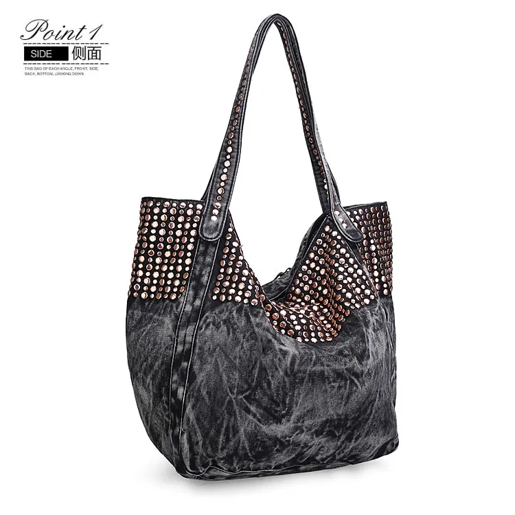 Женская джинсовая сумка с заклепками винтажная однотонная Сумка тоут на плечо в