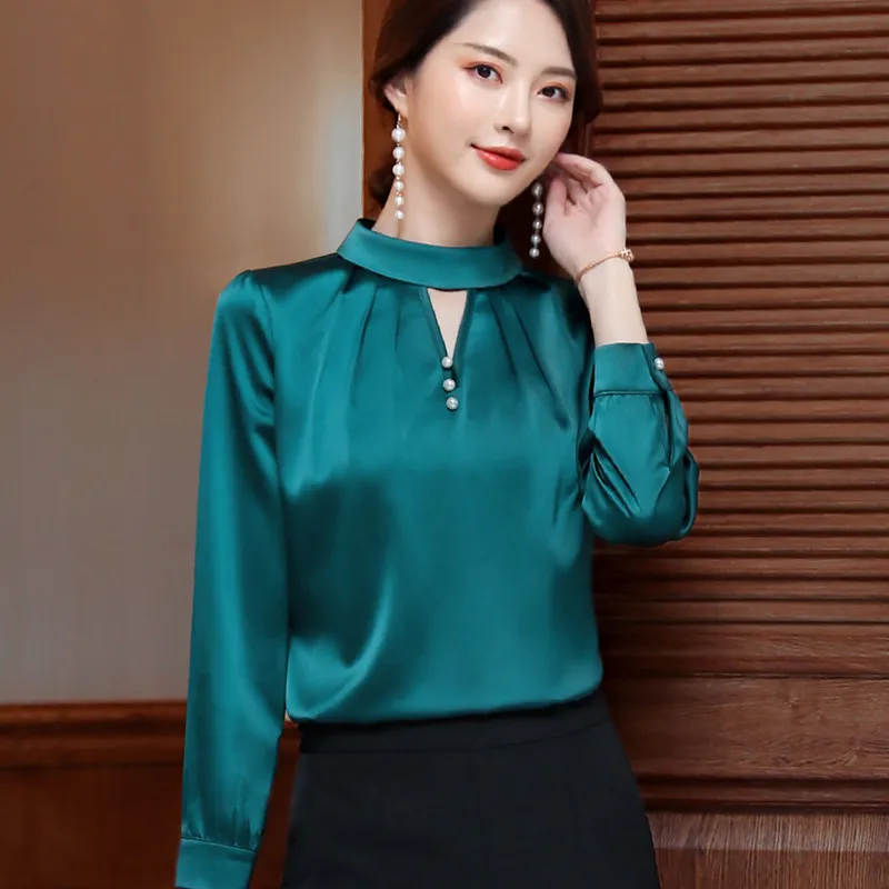 Женская шифоновая блузка с длинным рукавом зеленая или белая офисная рубашка