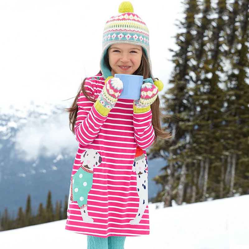 2-7 Years Little Girls Dresses Animals Appliques Pattern Long Sleeve Spring Autumn Clothes Kids Girl Stripe A Line Dress | Детская