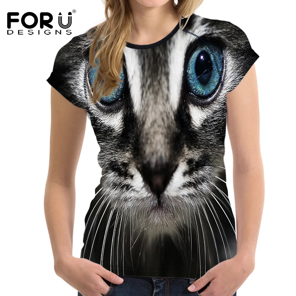 FORUDESIGNS/женская футболка для фитнеса спорта женщин с милым принтом кота коротким