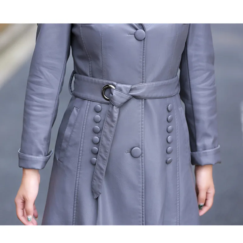 

2020 Fashion Autumn/Winter Women PU leather Jacket Windbreaker Elegant Temperament Long Leather Coats Ladies Casual Jackets 5XL
