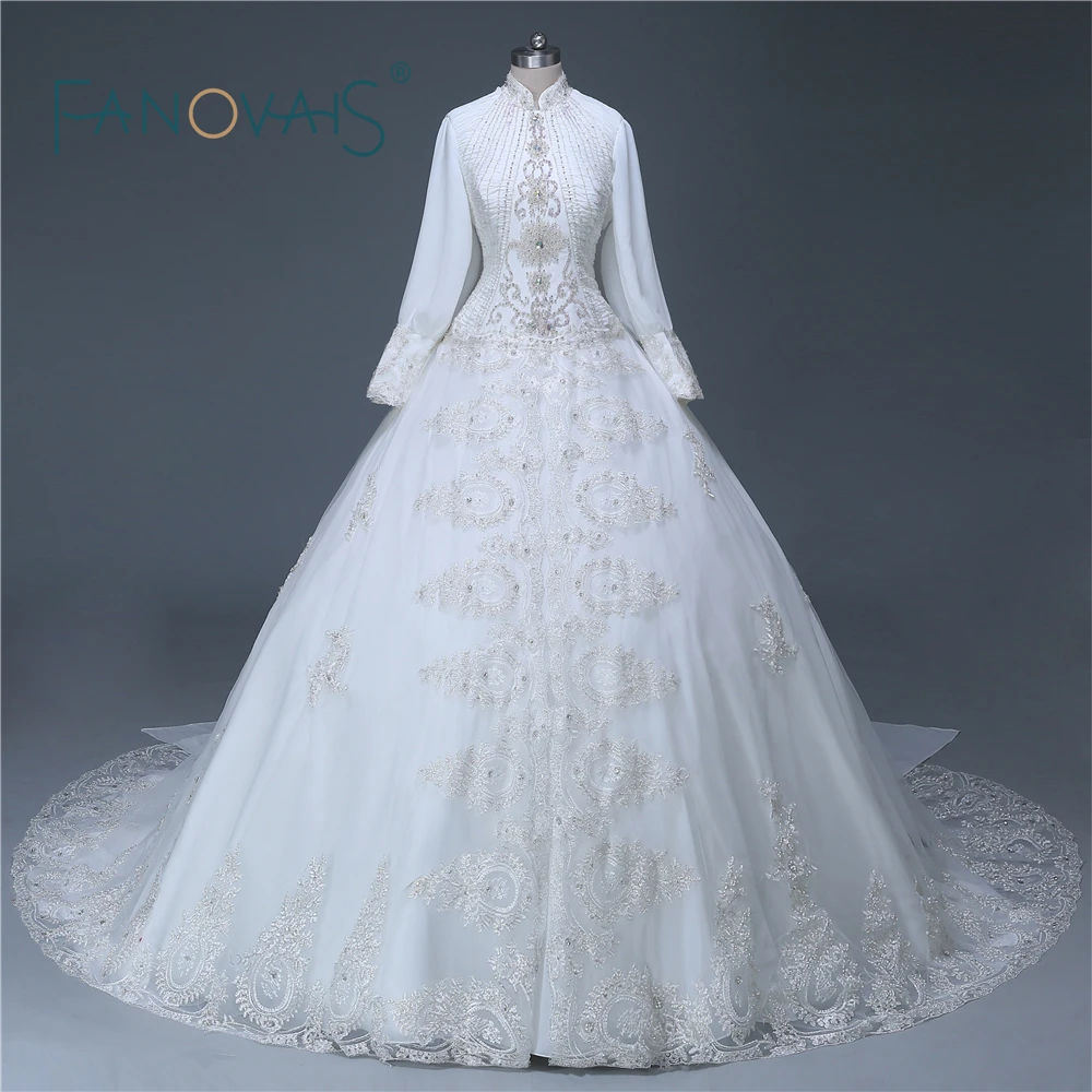 Реальный образец свадебные платья с длинным рукавом и аппликацией в исламском