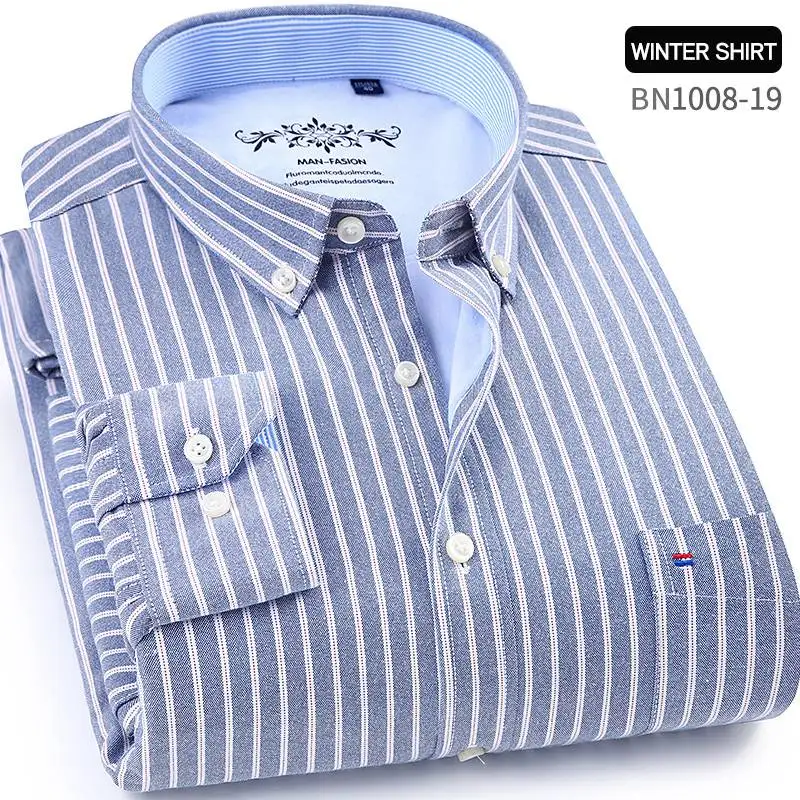 Winter mens work shirts striped solid color Long sleeve social men dress shirt oxford male shirts Plus size 4XL White color - Цвет: BN1008-19