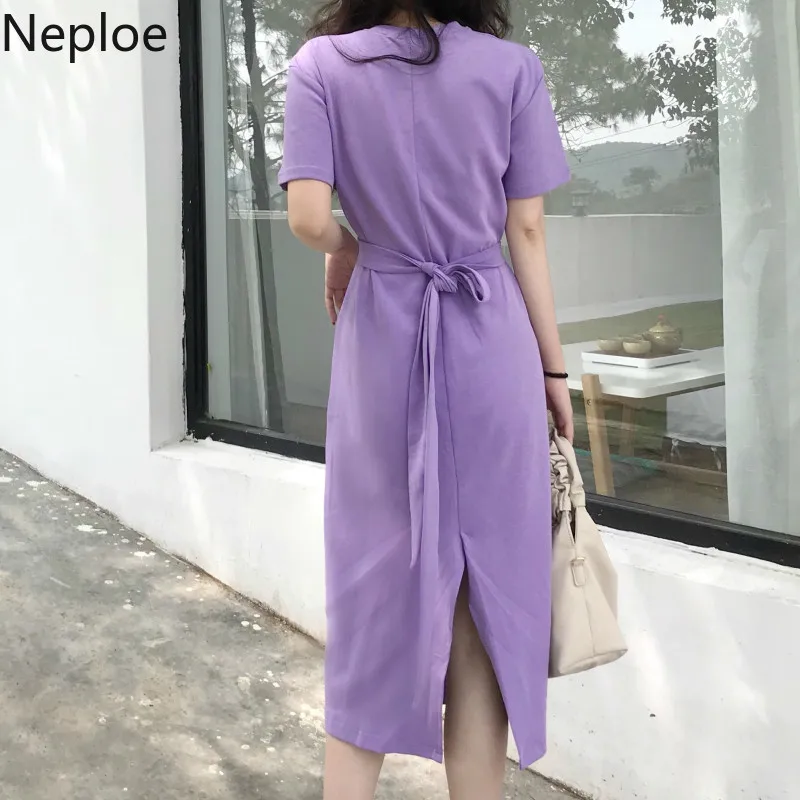 Neploe корейское однотонное женское платье 2019 летнее новое с круглым вырезом