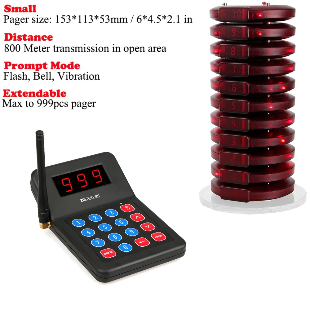 Retekess T119 999 канальный ресторанный пейджер, беспроводная система вызова, 10 подстаканников, пейджер, обслуживание клиентов, еда, пейджер для кофе