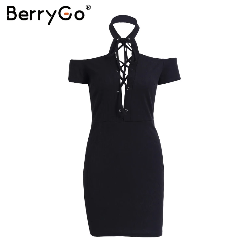 Черный BerryGo, Холтер, на шнуровке, вязаный свитер, платье, женское, с открытыми плечами, облегающее платье, Осень-зима, элегантное, Открытое платье, vestidos - Цвет: Черный
