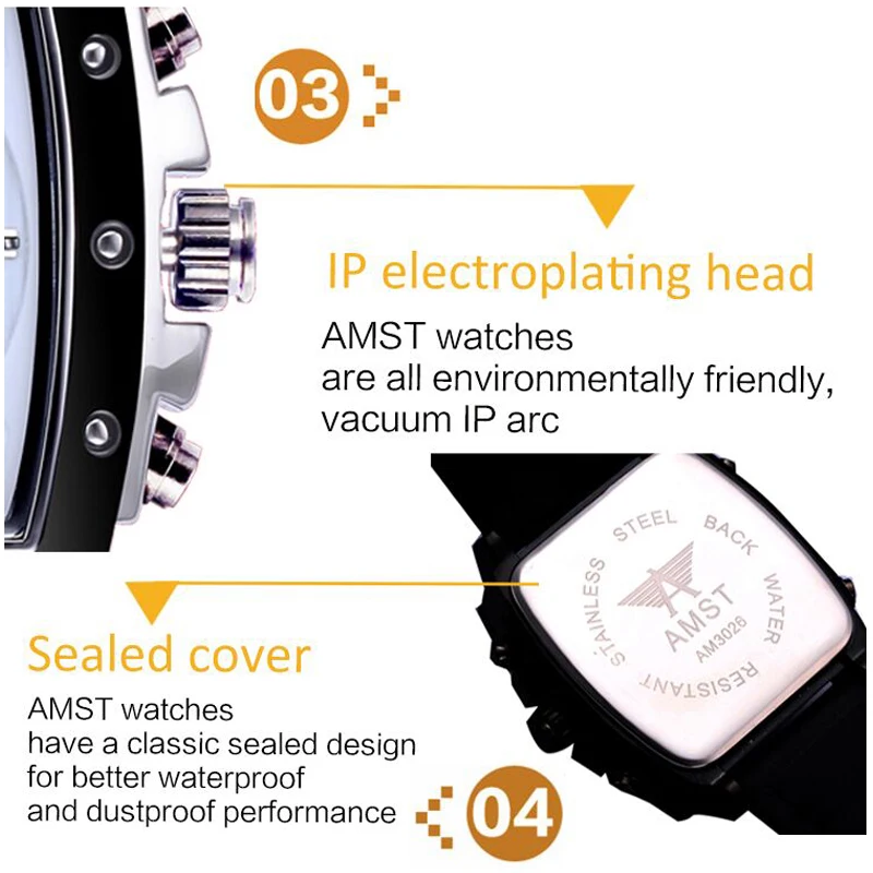 AMST Мужские квадратные часы с двойным дисплеем Quartzel Ectronic 50 м водонепроницаемые