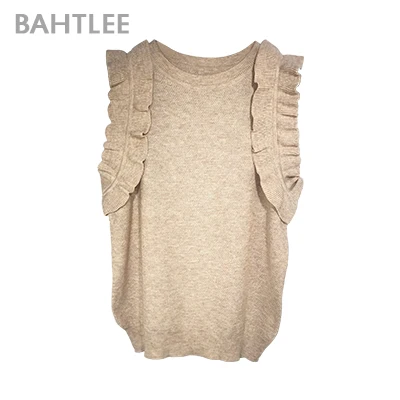 Khaki BAHTLEE Summer Frilled Trim knitted Slim Fitted Tee Sleeveless T-shirt Women Elegant Solid O-neck sweater Tshirt ruffles - Цвет: Khaki