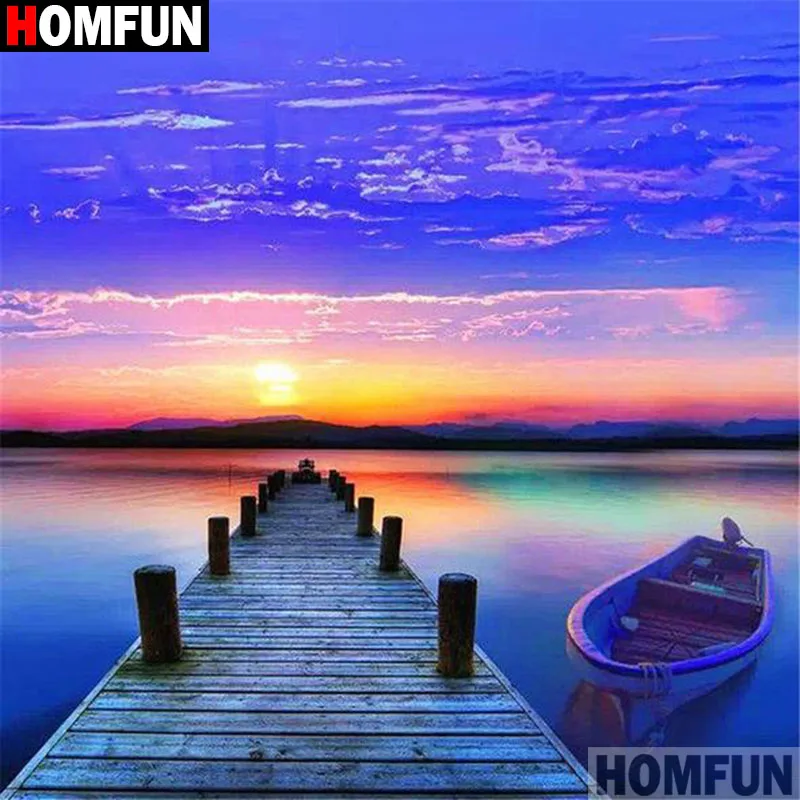 HOMFUN полный квадратный/круглый дрель 5D DIY алмазная живопись &quotс мостом и лодкой&quot