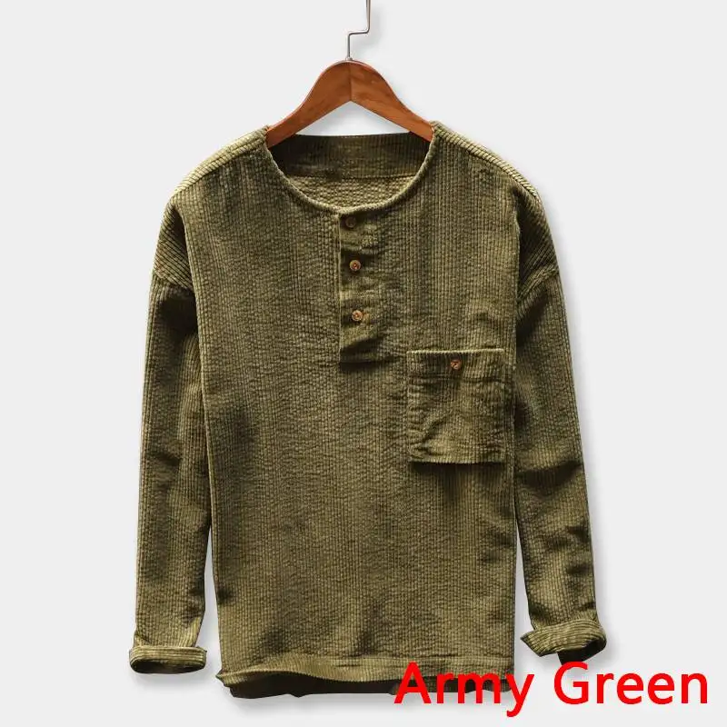 Army Green Винтажные вельветовые мужские рубашки, плотные свободные пуловеры с длинным рукавом и вырезом лодочкой, джемперы, Повседневная рубашка, мужские топы, Camisa Masculina - Цвет: Army Green