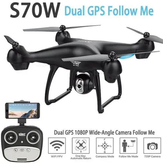 Квадрокоптер S70W Радиоуправляемый GPS FPV с 1080P HD широкоугольным регулируемым Wi Fi