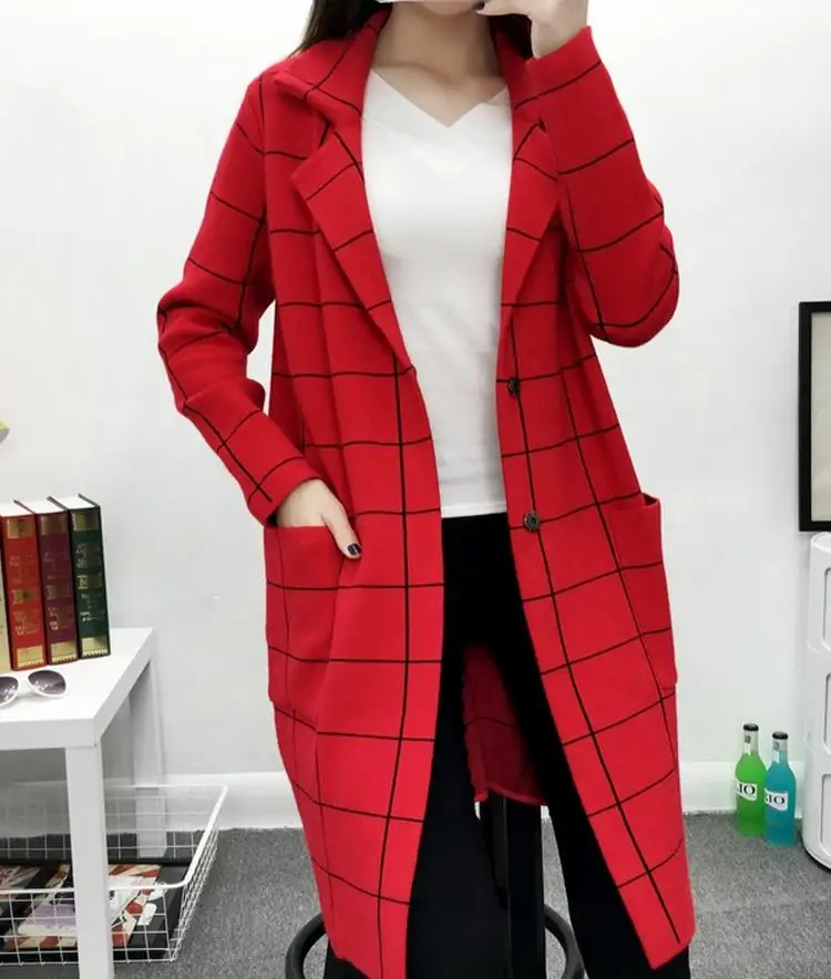 Женский клетчатый кардиган длинный Повседневный вязаный пальто размера плюс |