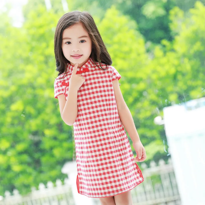 Летние хлопковые льняные Cheongsam с короткими рукавами для девочек; qipao; размеры От 2 до 10 лет