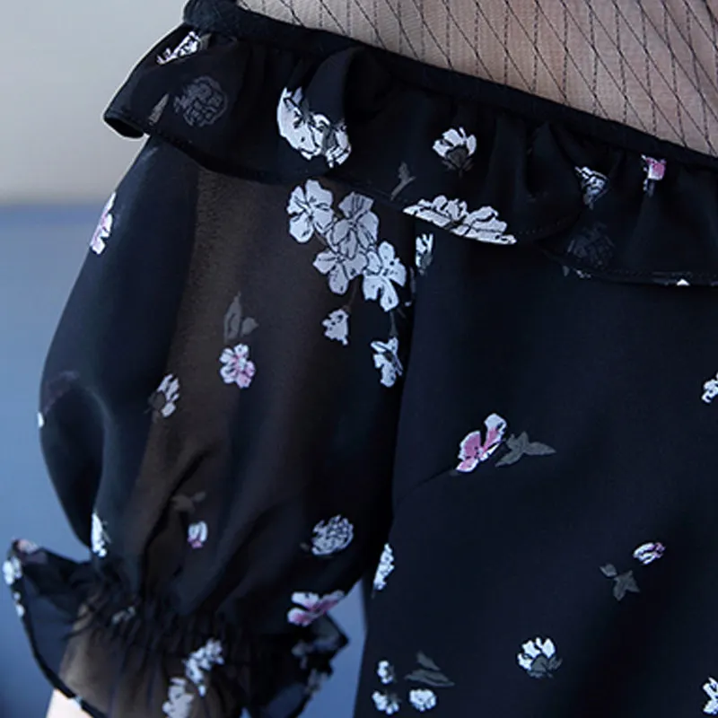 Для женщин Блузка шифон Цветочные Blusas Feminina короткий рукав топы с открытыми