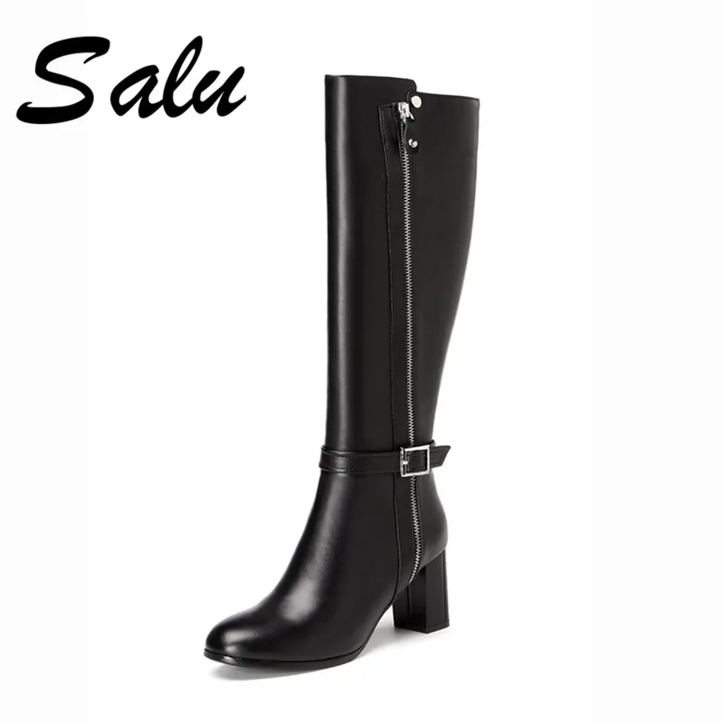 

Salu 2020 new winter autumn Genuine leather knee high heels platform round toe thigh high boots fashion fringe boots ladies