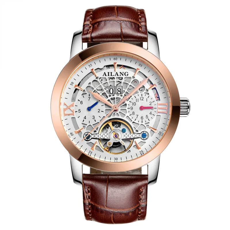 Новая мода 3D Видимый полый циферблат Мужские Tourbillon часы Авто самообветренные