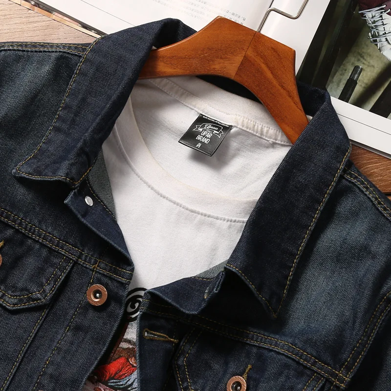 Рваные синие джинсы куртка Мужчины осень рваные мужской Slim Fit повседневные