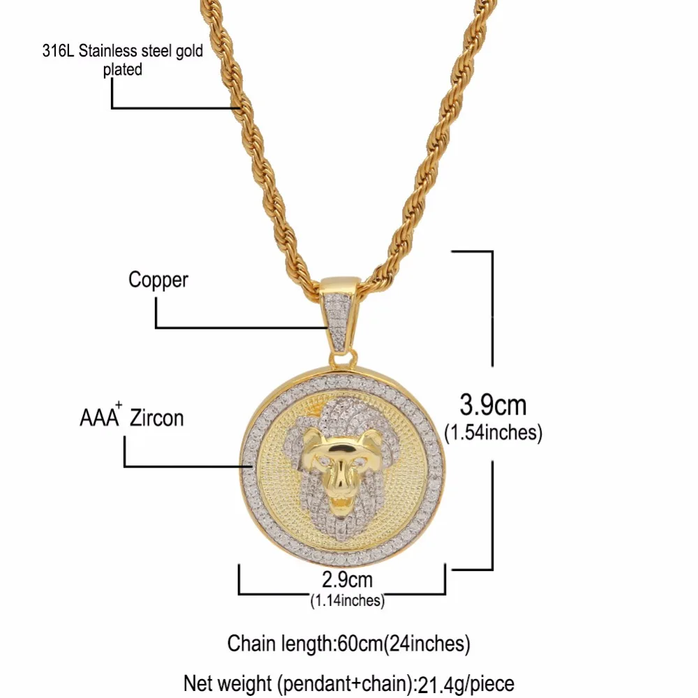 В стиле хип-хоп с мелким цирконием AAA Циркон твердым покрытием Bling Лев круглый