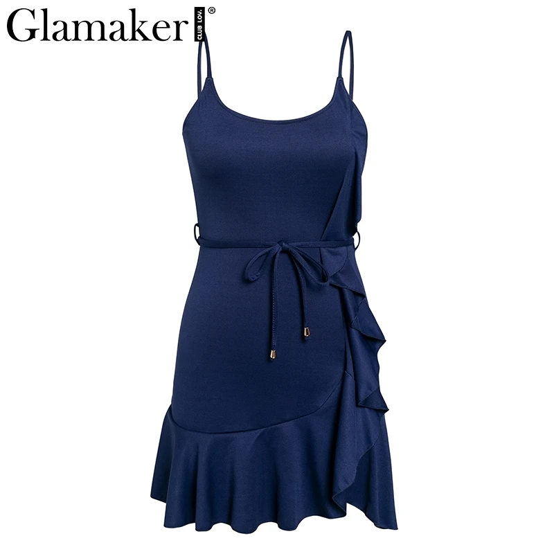 Тёмно-синий Glamaker Ruffles кружевное сексуальное мини-сарафан женское праздничное пляжное короткое платье с открытой спиной Вечерние женские летние платья с красным поясом Vestidos - Цвет: Тёмно-синий