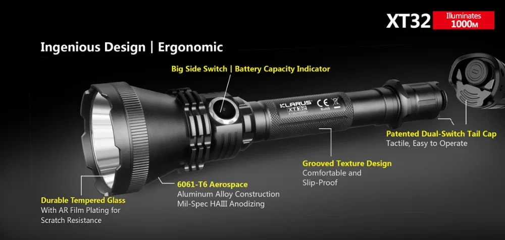 Идеальный KLARUS XT32 CREE XP-L HI V3 светодиодный фонарик 1200лм с 2 батареями 18650 для охоты, туризма, кемпинга