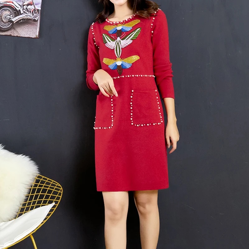 2018 зимнее толстое теплое платье свитер женское с вышивкой бабочками и карманами
