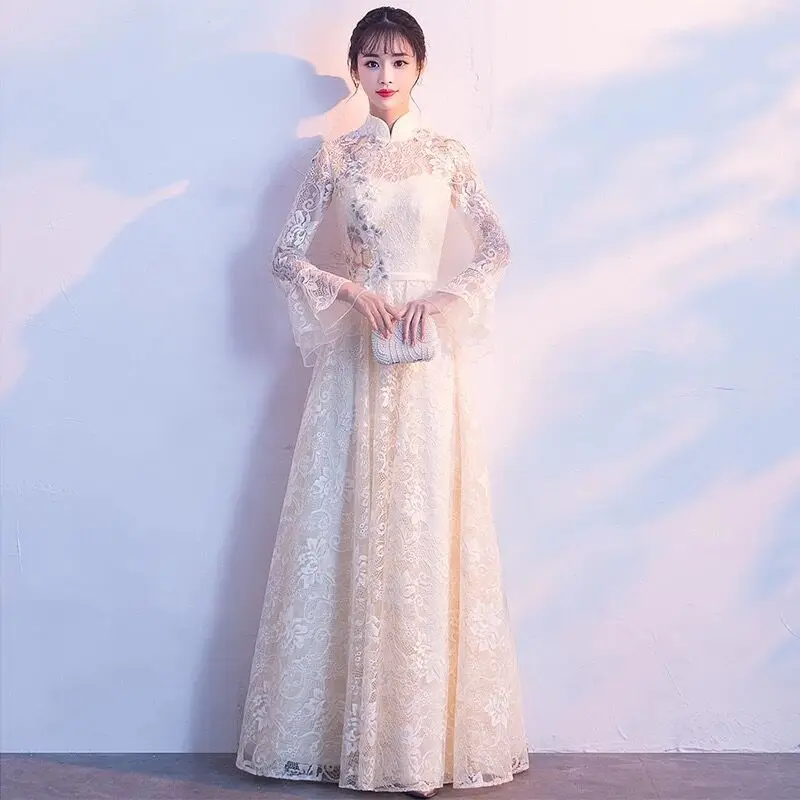 

Модное китайское кружевное короткое платье-Ципао цвета шампанского, платья с вышивкой и длинным рукавом в восточном стиле, модель Qi Pao