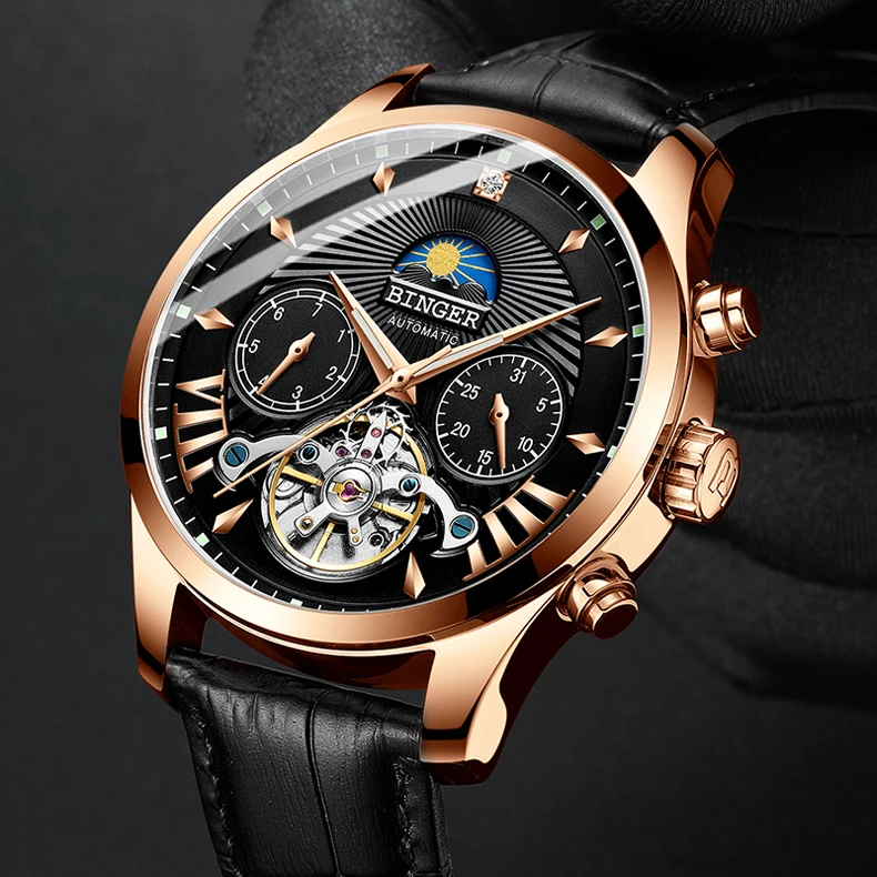 Switzerland BINGER автоматические механические часы Tourbillion мужские часы лучший бренд класса люкс Натуральная кожа водонепроницаемые часы relogio