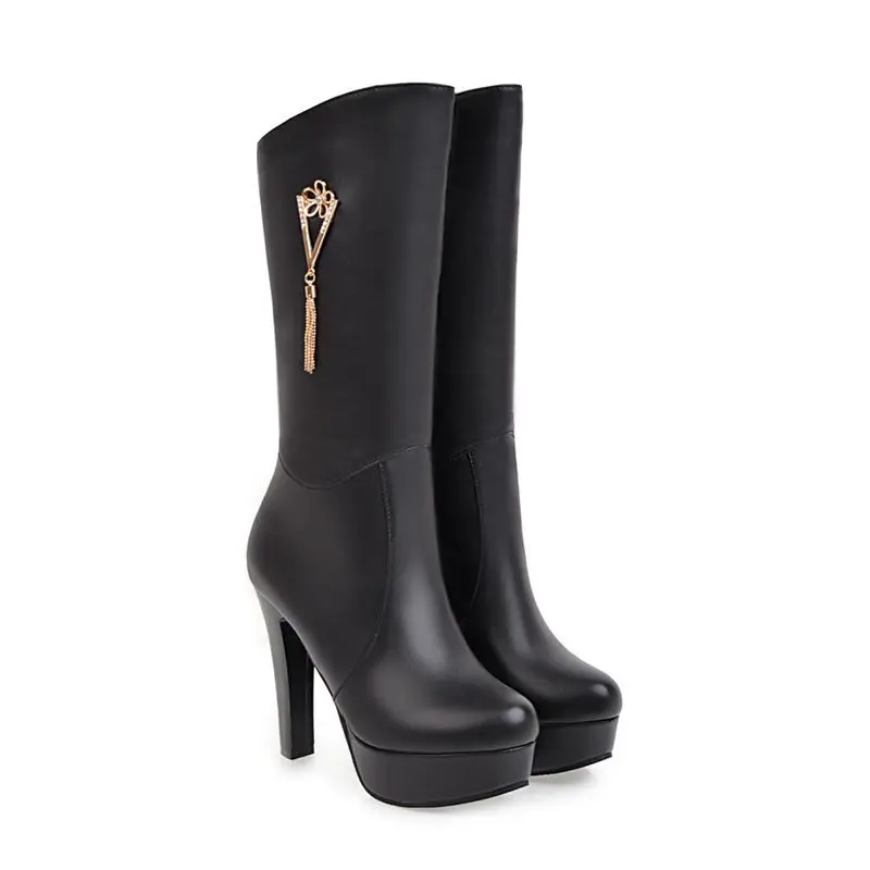 

Smeeroon mid calf boots for women slip on round toe autumn winter boots platform shoes super high heels women boots