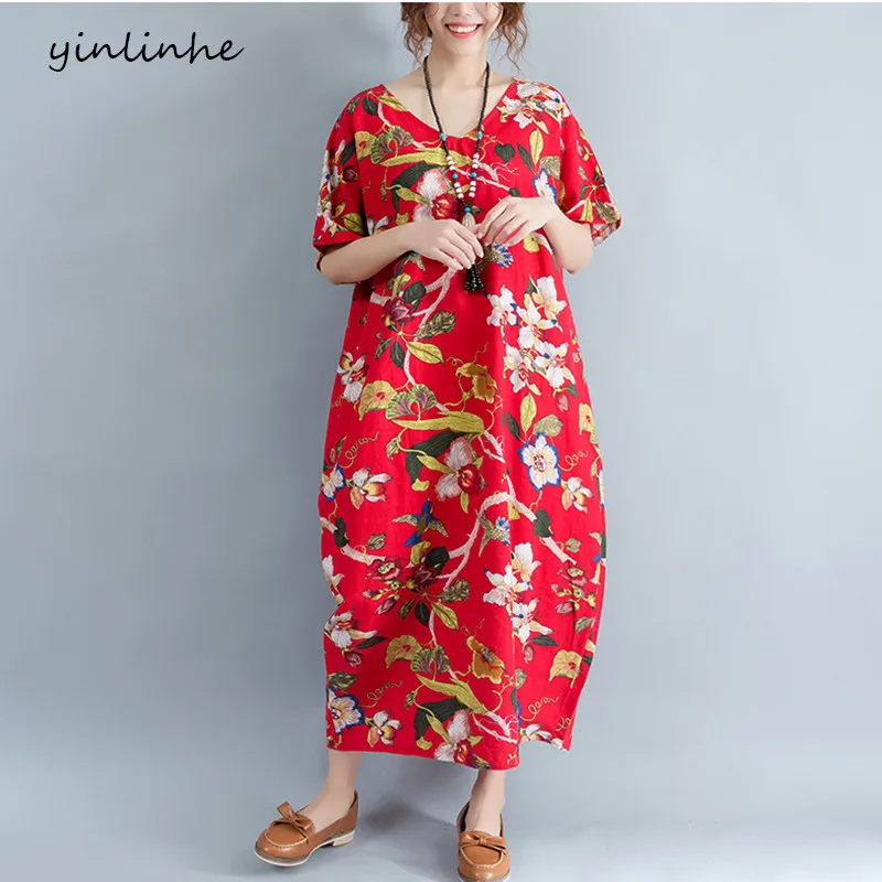 Yinlinhe плюс Размеры Для женщин длинные платья осень Цветочный принт свободные