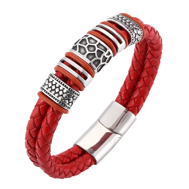 

2019 New Red Braided Leather Retro Bracelets Men Jewelry Trendy Stainless Steel Wristband Magnetic Clasp Male Bangles SP0097