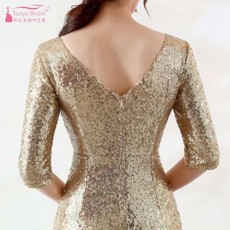 

Half Sleeves Gold Sequin Bridesmaid Dresses Mermaid Long Formal Wedding Party Dress vestidos de fiesta de noche JQ57