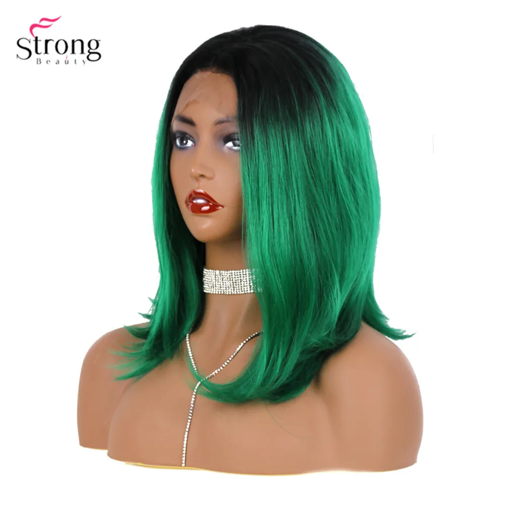 StrongBeauty парик на кружеве для женщин Средний прямой зеленый волос Омбре синтетические парики на шнурках Боб 16"