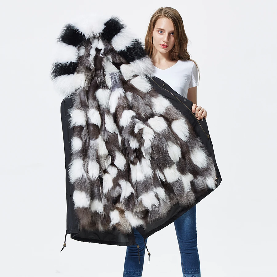 Winter Parka With Hood Coat Silver Fox White Fur Patchwork Lined Long Jackets For Women Plus Size | Женская одежда