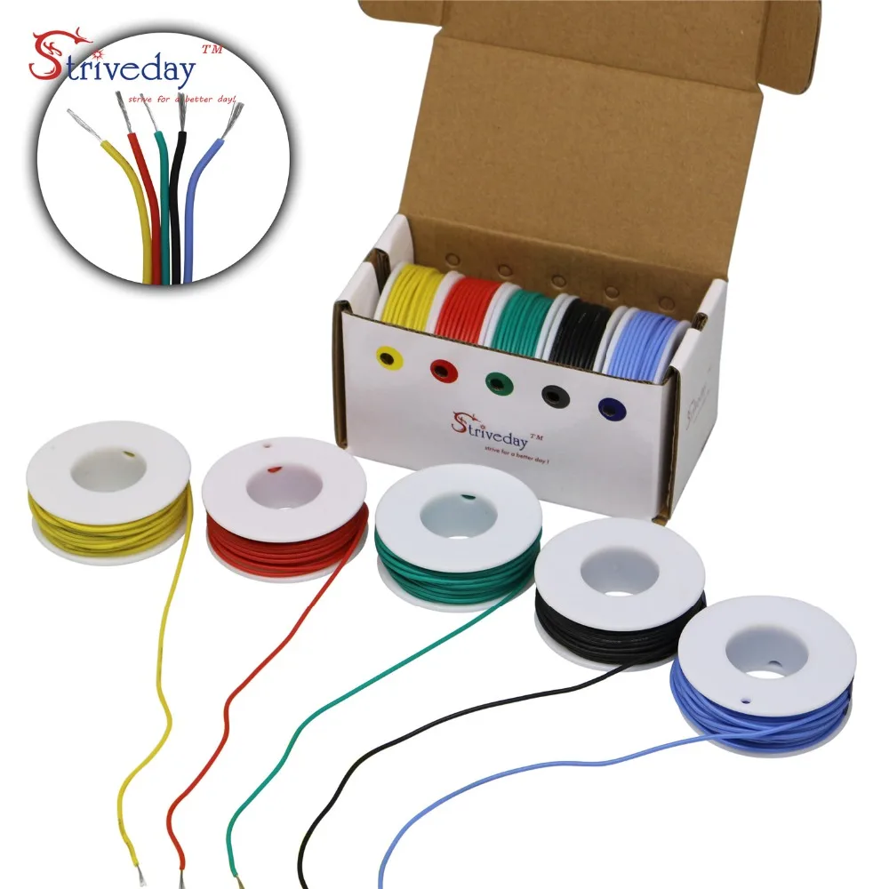 50m/box 30AWG Tinned pure copper Kit mix 5 color a box Flexible Silicoone Wire Stranded Cable Electrical WireDIY