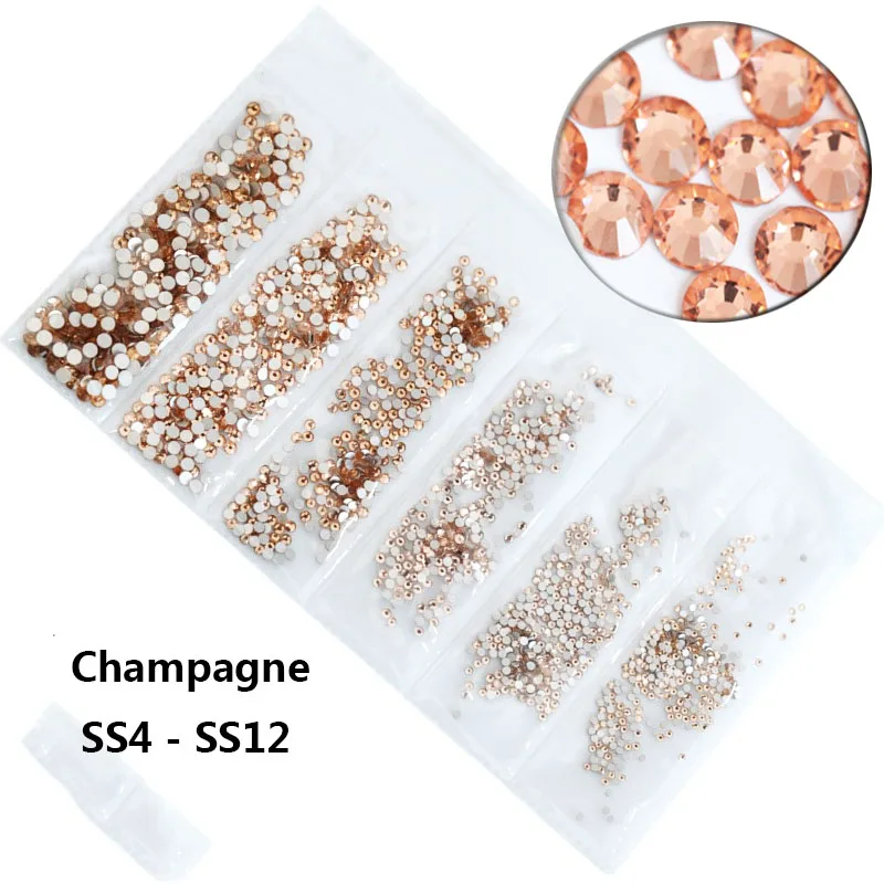 champagne 1700 шт./пакет 6 разных цветов Размеры ногтей Стразы для дизайна ногтей, 3D Стразы для дизайна ногтей камни подвески с плоской задней Стекло Стразы для ногтей swarovsky ab камень - Цвет: champagne