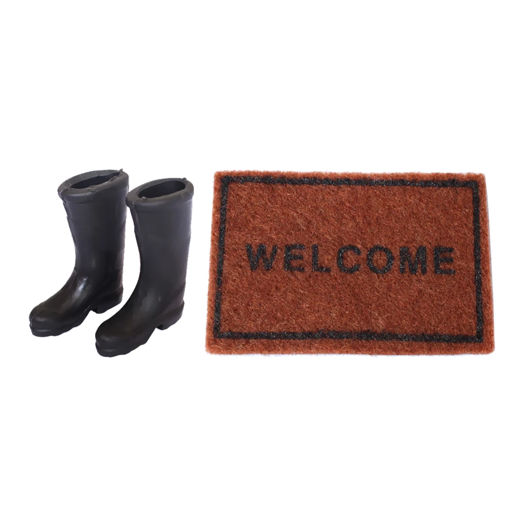 

1/12 Dollhouse Miniature Rubber Rain Boots +1/12 Scale Brown Floor Rug Cover
