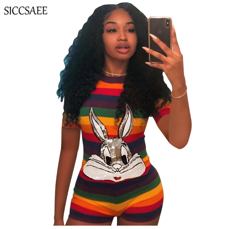 Короткий рукав Радужный Цветной полосатый принт облегающий костюм кролик