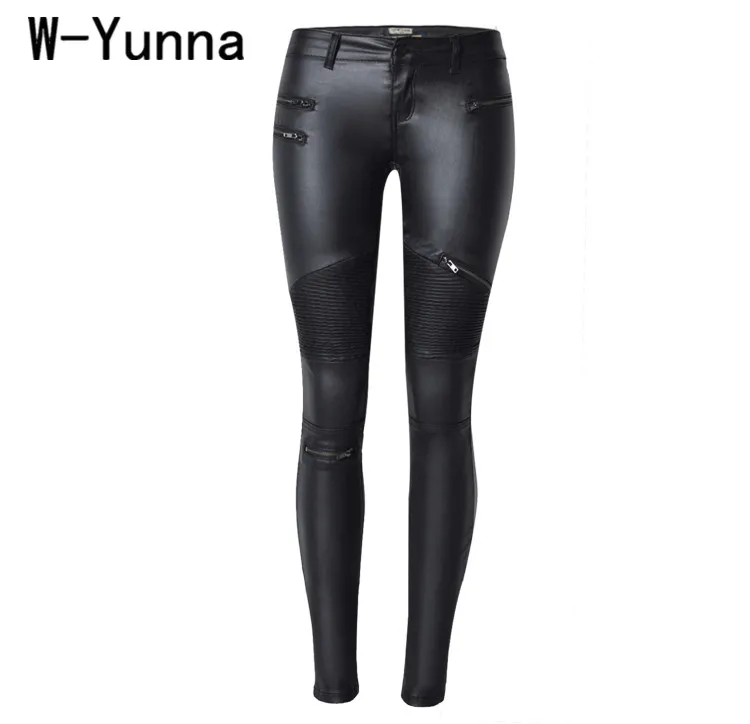 Женские облегающие леггинсы W-Yunna черные брюки из искусственной кожи на молнии